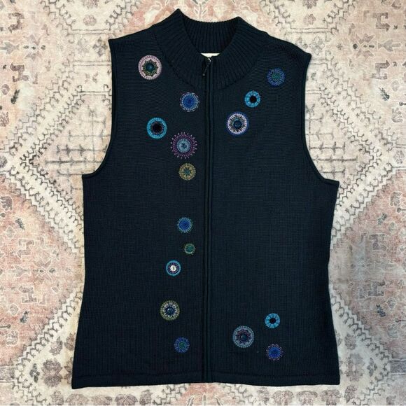 Coldwater‎ Creek Sweater Vest Teal Embellished Art To Wear Zip Front Medium NWT - Picture 1 of 5